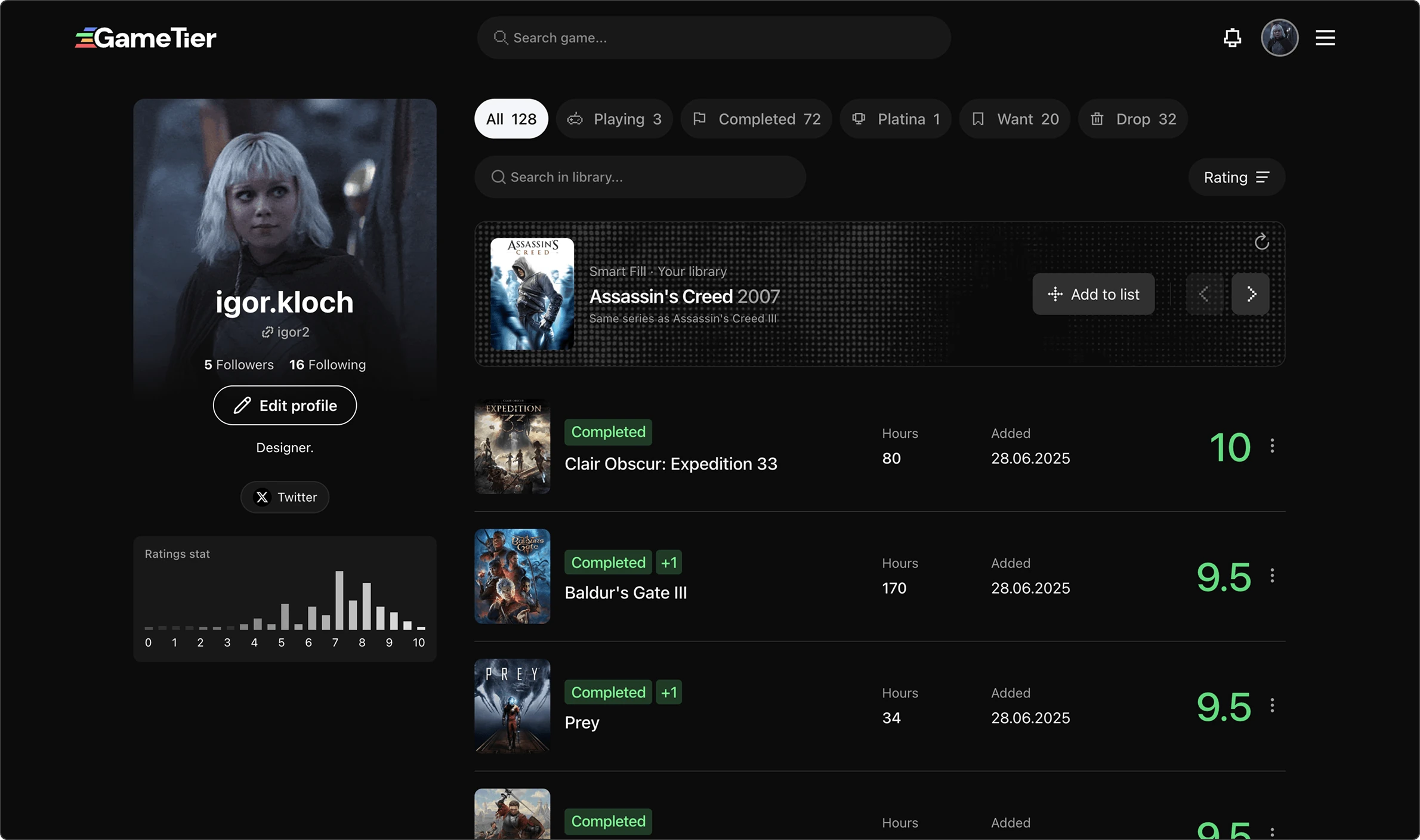 GameTier library with personal ratings, game statuses, replays and Smart Fill