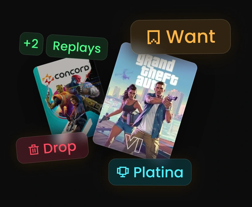 Game library statuses: Want, Drop, Platina and two replays